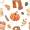 Fall season themed seamless pattern. Watercolor cozy mood print. Orange pumpkin, coffee latte cup, leaves, scarf on white