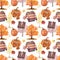 Fall seasonal seamless pattern. Autumn trees, leaves, pumpkins, warm sweater watercolor painting. Seasonal print