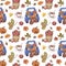Fall seasonal seamless pattern with blue harvest truck, apples and pumpkins, fall foliage on white background. Watercolor