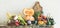 Fall seasonal vegetarian food ingredients variety, copy space, wide composition