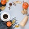 Fall still life, black coffee, gray scarf and pumpkin on pastel background. Top view and copy space.