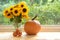 Fall Still Life Photo with Sunflower bouquet and Pumpkins in Window Natural Light with room or space for copy, text or your words