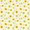 Fall sunflowers seamless pattern. Hand painted watercolor farm flowers, red berries and leaves illustration. Yellow