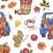 Fall themed seamless pattern. Watercolor truck with apples and mums in a basket, pumpkins, autumn leaves, cup of warm tea.