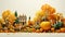 fall toy street with fallen leaves and large pumpkins