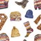 Fall or winter sweater weather themed seamless pattern. Watercolor autumn warm clothes illustration on white background