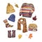 Fall or winter warm clothes set. Watercolor sweater, scarf, cocks, boots, hats, isolated. Autumn cozy outfit