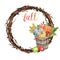 Fall wreath with pumpkins, autumn leaves, apples, wheat, berries, in a bushel basket, isolated. Autumn greetings