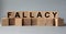 FALLACY, the inscription on wooden cubes on a white background