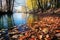 fallen autumn leaves on a serene pond