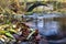 A fallen colored leaves in the creek with water cascade flowing under an ancient stone bridge