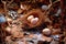 fallen nest on the ground with broken eggshells nearby