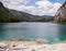 Fallen pines swim in the lake Lago Di Braies, Italy