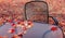 Fallen red maple leaves on the chair, table and ground of empty patio.