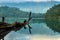 Fallen tree in colorful lake surrounded by forest, a beautiful view in Dieng Plateau, Indonesia