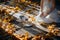 Fallen yellow leaves on the veranda floor. Little girl in white clothes sits on the floor and feeds milk from a cup to a homeless