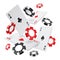 Falling aces and casino chips with blurred elements on white background. Playing cards, red and black money chips fly