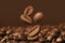 Falling aromatic roasted coffee beans, closeup view