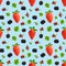 Falling berries seamless pattern isolated on blue background, different flying forest berries.