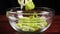 Falling circles of green onion on glass bowl, slow motion