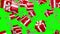 Falling dawn candy cane and presents isolated on green background 3d render. White and red gifts and candy cane drops