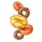 Falling donuts. Realistic sweet color glazed baked goods, flying pastry, different toppings, fast food composition