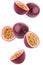falling (flying) passion fruit isolated on a white background with a clipping path.