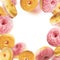 Falling or flying pink glazed doughnuts with sprinkles in motion at withe background