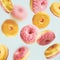 Falling or flying pink glazed doughnuts with sprinkles at pastel blue background , creative layout
