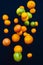 Falling fruits, citruses, oranges, pomelo, limes, tangerines and grapefruits on black background