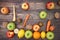 Falling fruits and vegetables on wooden background