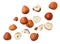 Falling hazelnuts whole and pieces on a white background. Isolated