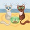 Falling in love cartoon cats, beach of sea, heart from trace of cat paw footprints, aquarium, vector, eps10