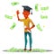 Falling Money On Smiling Student In Graduate Cap With Diploma Vector. Isolated Illustration