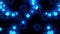 Falling neon blue balls cubes, bouncing from obstacles on reflective background