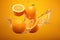 A falling oranges splashing with orange juice on orange background