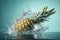 Falling pineapple, water splash on blue background