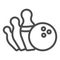 Falling pins and bowling ball line icon, bowling concept, strike sign on white background, Bowling ball knocking over