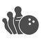 Falling pins and bowling ball solid icon, bowling concept, strike sign on white background, Bowling ball knocking over