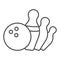 Falling pins and bowling ball thin line icon, bowling concept, strike sign on white background, Bowling ball knocking