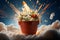 Falling popcorn in a bucket with a rocket flying above it