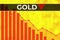 Falling price on gold metal futures ticker GD on yellow finance background from numbers, graphs, lines. Trend Down, Flat