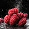 Falling raspberries water droplets and water splashed with a black. Generative AI