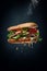 Falling sandwich with all ingredients, lettuce, tomatoes, meat patty, sauce. Floating sandwich on dark background