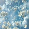 Falling from the sky of clouds white tiny flowers, petals. Flowering flowers, a symbol of spring, new life