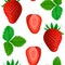 Falling strawberry seamless vector pattern. Ripe fruits whole and halves, leaves, isolated clipping path