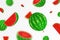 Falling watermelon, isolated on transparent background. Flying whole and sliced watermelon fruits with blurry effect. Can be used
