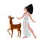 Fallow deer and pretty woman with in an ancient Greek tunic, hunting goddess Artemis with her pet