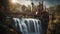 falls at sunset Steam punk waterfall of steam, with a landscape of metal trees and gears,