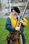 Falmouth, Cornwall, UK - April 12 2018: Historical military re-enactor dressed in bleu and yellow Tudor clothes with leather